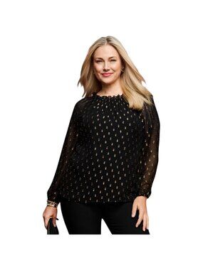 Talbots Women SZ XL Black/Gold Metallic Swiss Dots Top Blouse Sheer Long Sleeve